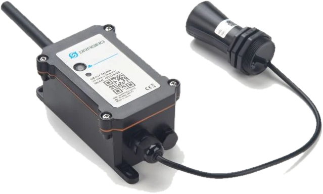 Niveausensor met antenne en ultrasone meetkop aan een kabel